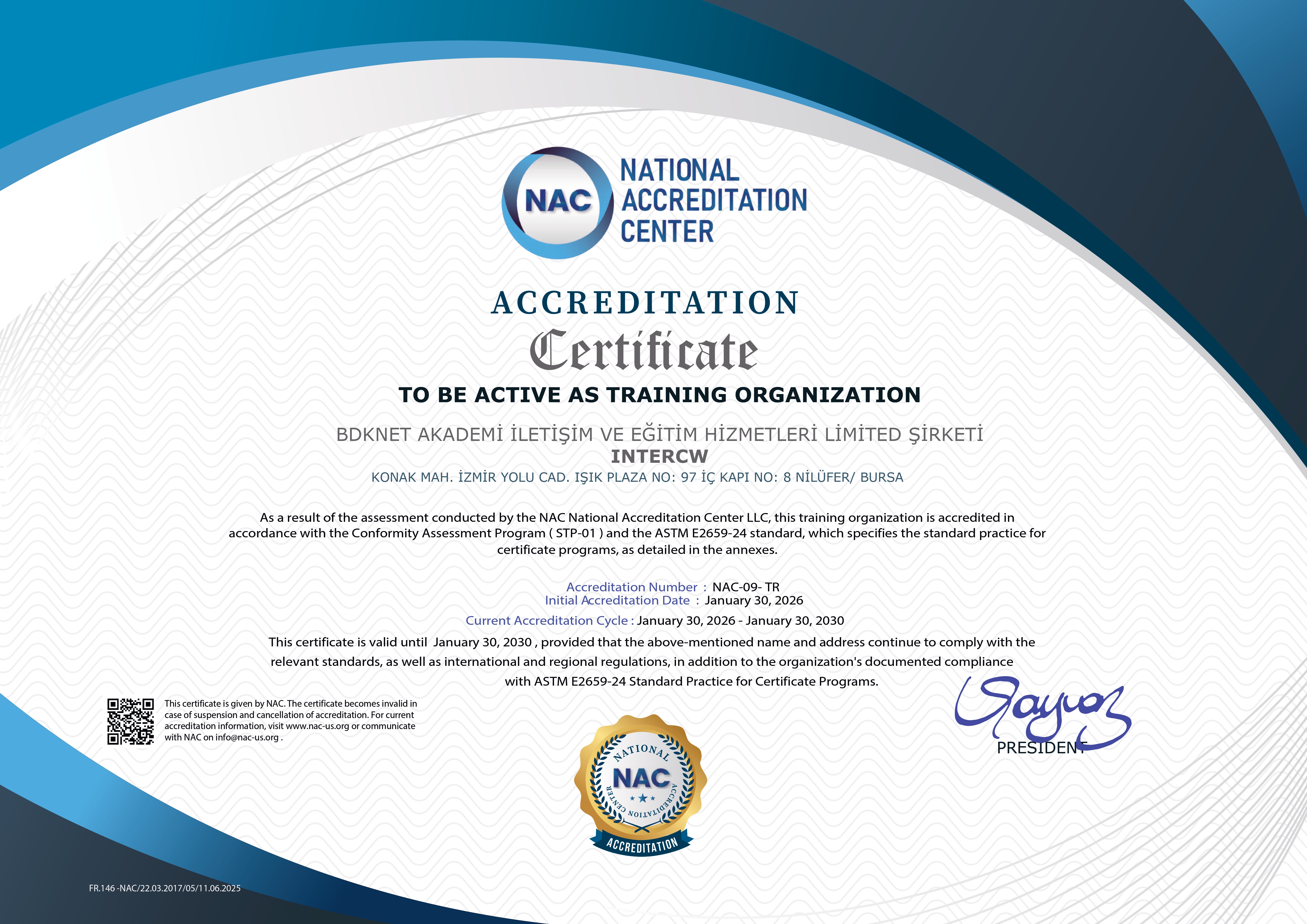 NAC Accreditation Certificate – INTERCW / BDKNET AKADEMİ